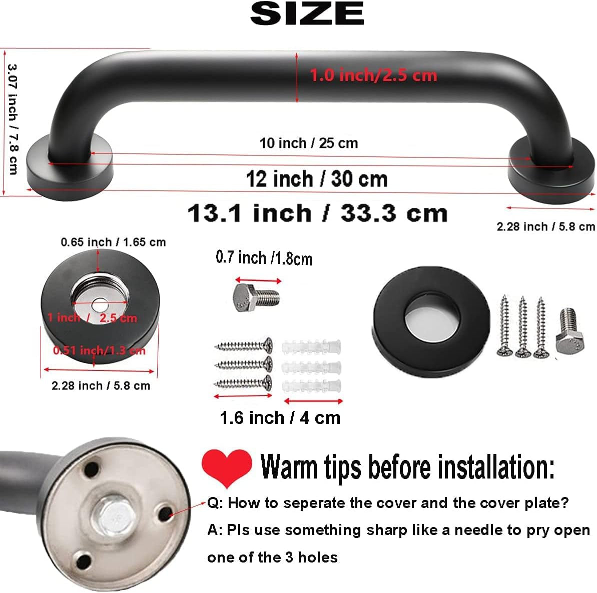 2 Pack 12 Inch Oil Rubbed Black Shower Grab Bar,  Stainless Steel Elderly Safety Bars, Bathroom Shower Balance Bar, Hand Rail Support, Handicap Senior Disabled Assist Bath Handle (1" Diameter)